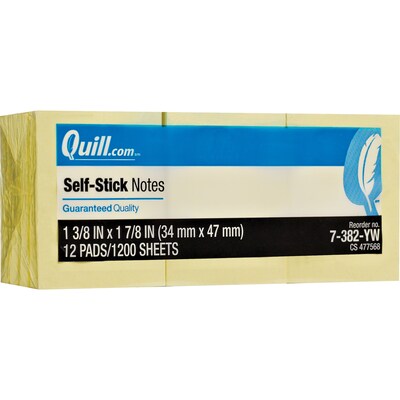 Quill Brand® Self-Stick Notes, 1-1/2" x 2", Yellow, 100 Sheets/Pad, 12 Pads/Pack (7382YW)