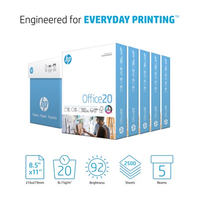 HP Office20 8.5" x 11" Multipurpose Paper, 20 lbs., 92 Brightness, 500 Sheets/Ream, 5 Reams/Carton (HPC8511C)