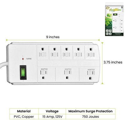 GoGreen Power 6' Surge Protector, 8 Outlet, White (GG-18316WH)