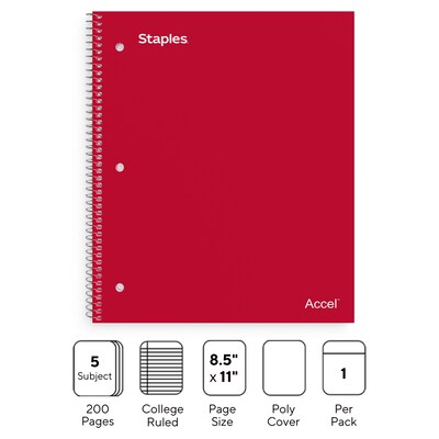 Staples Premium 5-Subject Notebook, 8.5" x 11", College Ruled, 200 Sheets, Red (ST58319)