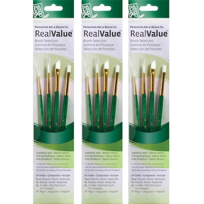 Princeton RealValue Short Handle Mixed Media Synthetic Taklon Variety Brush Set, 4/Set, 3 Sets/Bundl