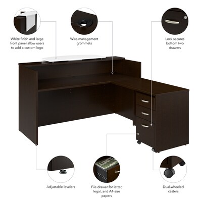 Bush Business Furniture Arrive 72"W L Shaped Reception Desk with Counter and Mobile File Cabinet, Mocha Cherry (ARV010MR)