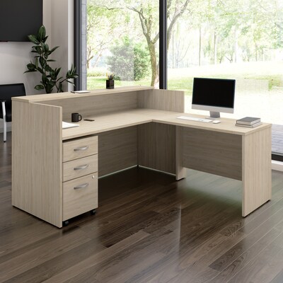 Bush Business Furniture Arrive 72"W L Shaped Reception Desk with Shelf and Mobile File Cabinet, Natural Elm (ARV007NE)