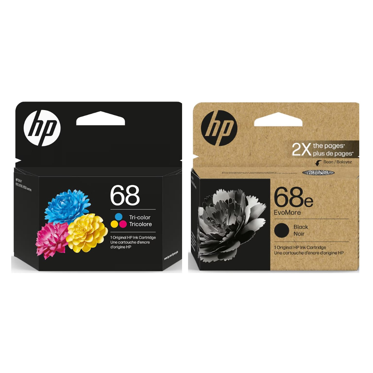 HP 68e Black High Yield and Cyan/Magenta/Yellow Standard Yield Ink Cartridge, 2/Pack