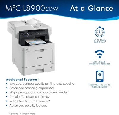 Brother MFC-L8900CDW USB, Wireless, Network Ready Color Laser All-In-One Printer |