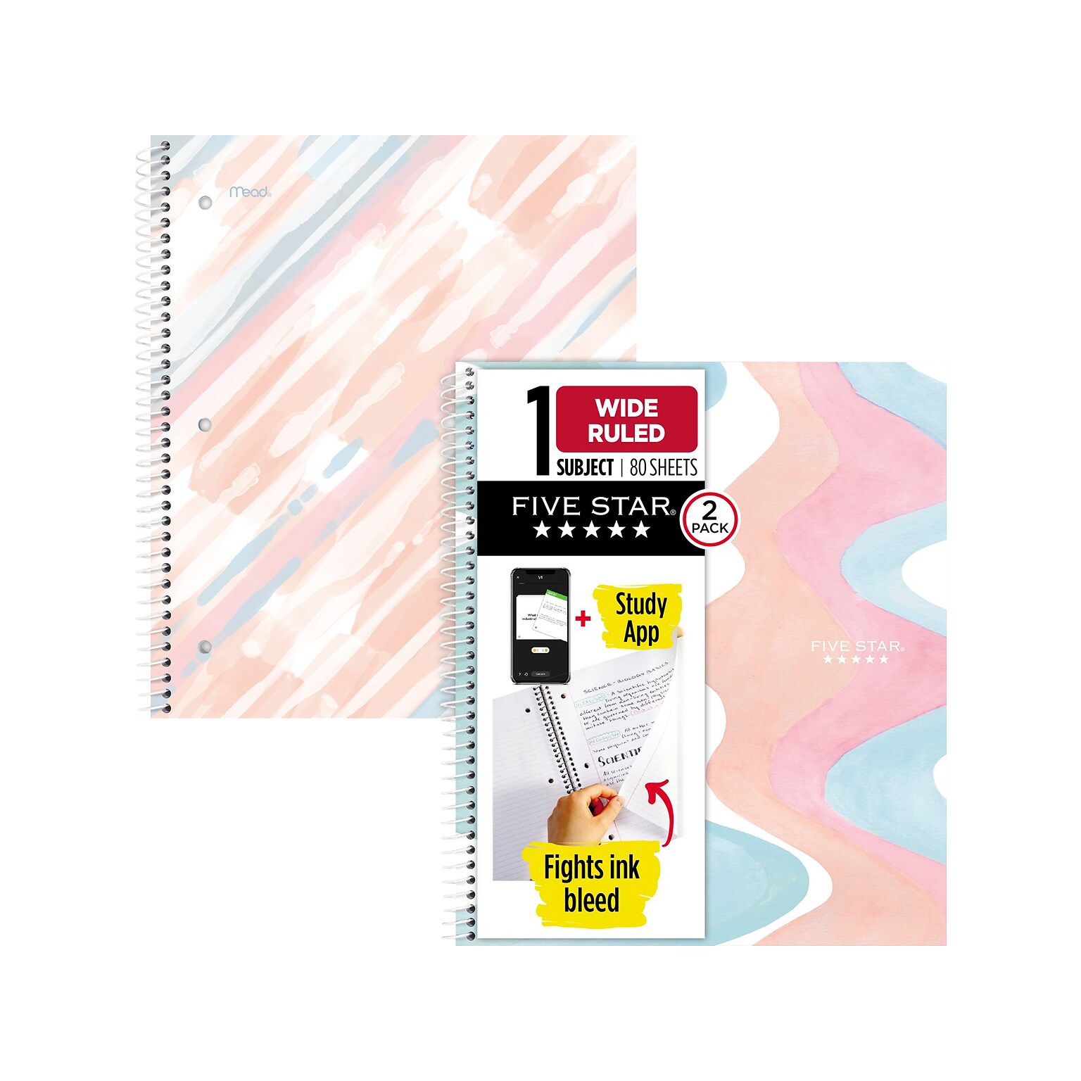 Five Star Brushy Moves 1-Subject Notebooks, 8.5 x 11, Wide-Ruled, 80 Sheets, Assorted Colors, 2/Pack (930060)