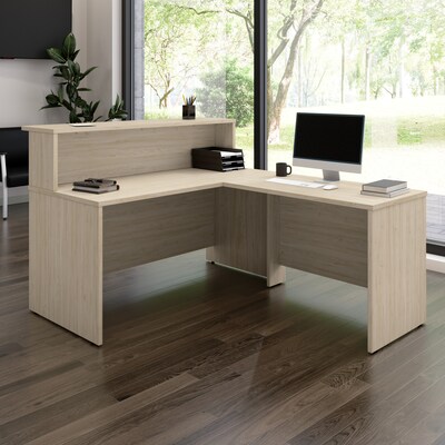 Bush Business Furniture Arrive 60"W L Shaped Reception Desk with Shelf, Natural Elm (ARV003NE)