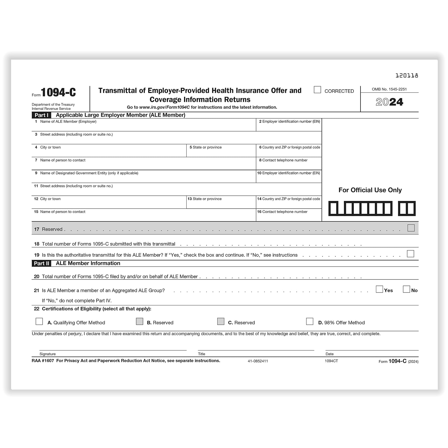 ComplyRight 2024 1094-C Tax Form, 1-Part, White/Black, 50/Pack (1094CT50)