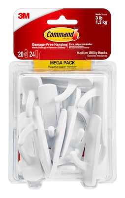 Command Medium Utility Hooks Mega Pack, 3 lb., White, 20/Pack (17001-MPES)