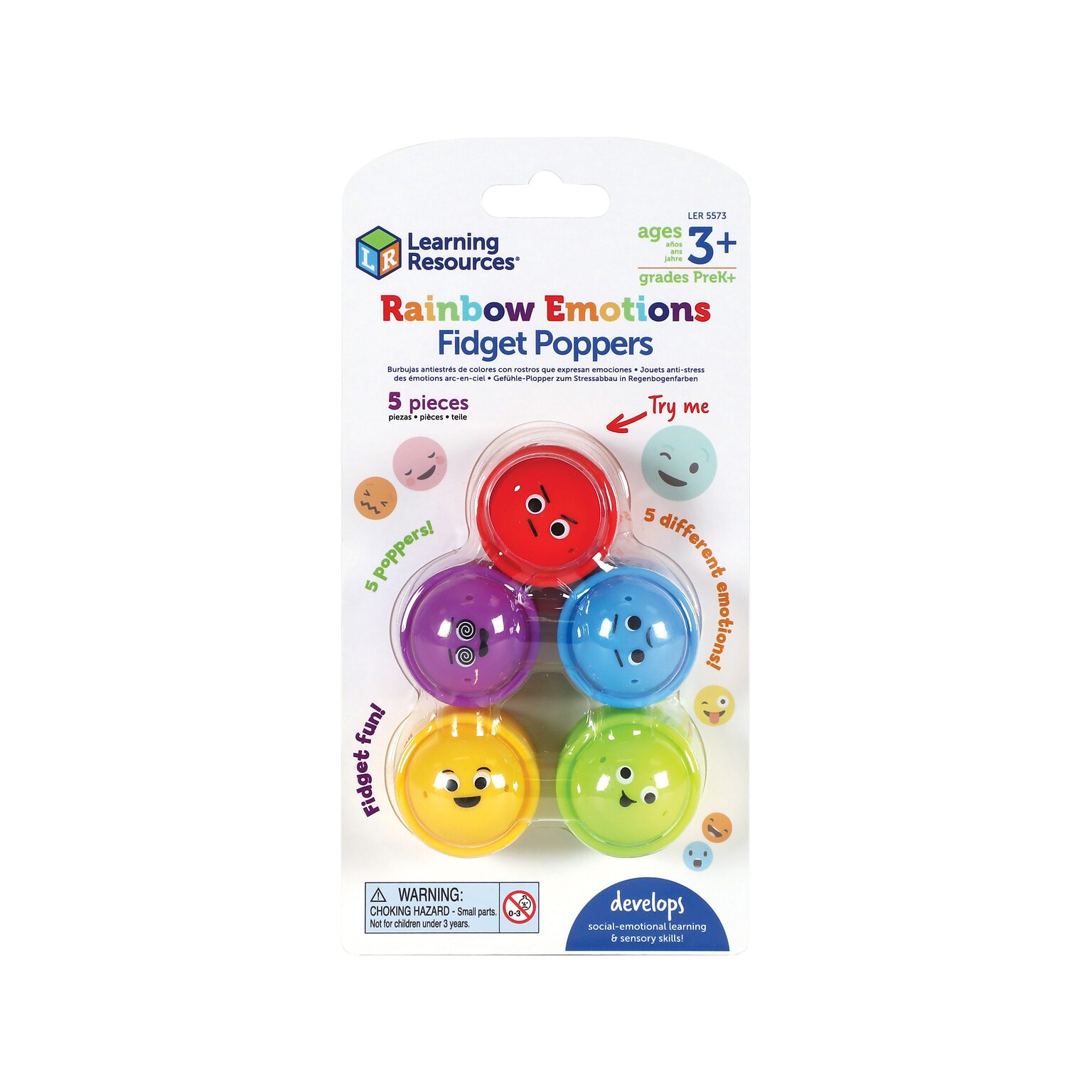 Learning Resources Rainbow Emotion Fidget Poppers, 5/Pack (LER5573)