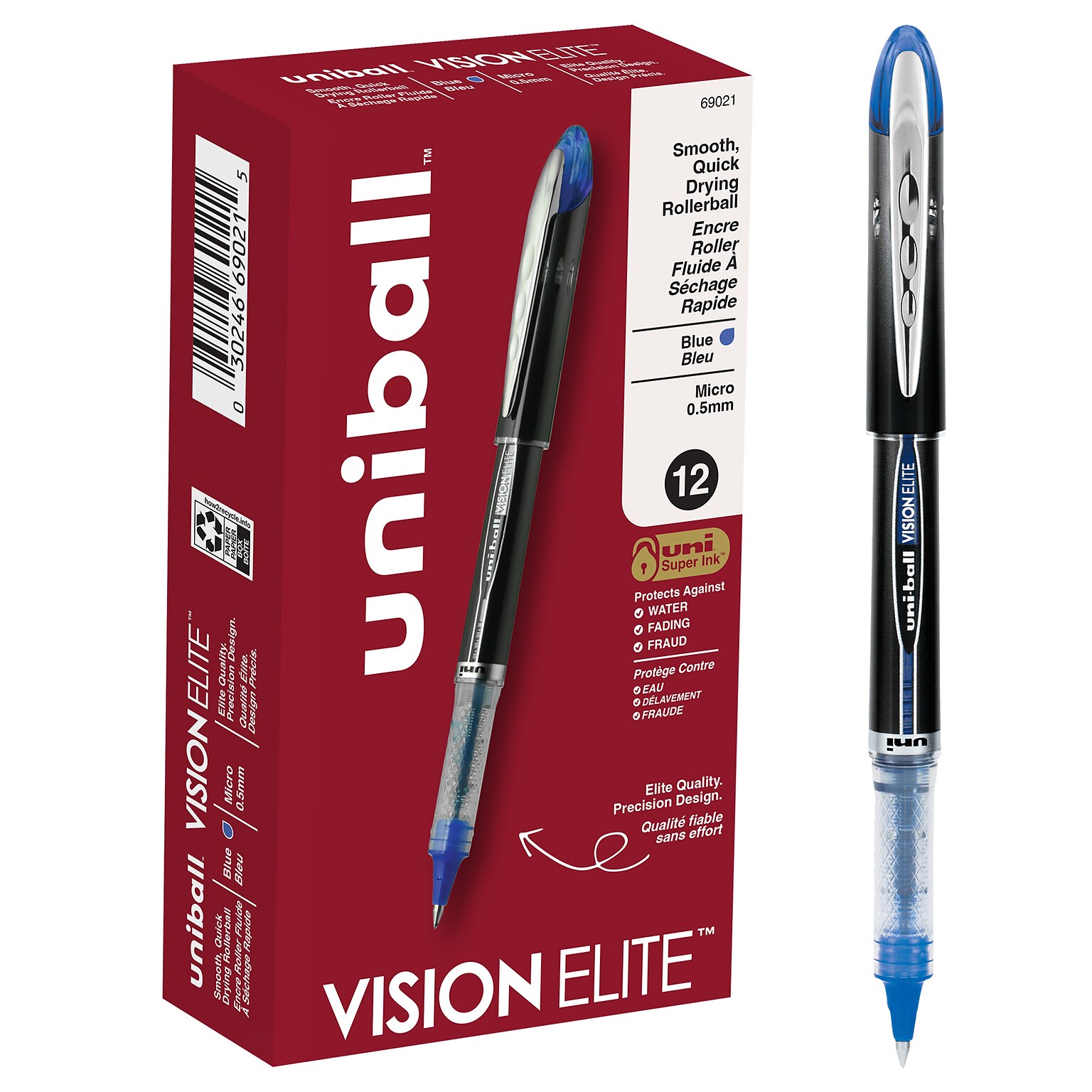 uni-ball Vision Elite Rollerball Pens, Micro Point, 0.5mm, Blue Ink (69021)