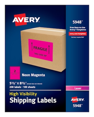 Avery Laser Shipping Labels, 5 1/2 x 8 1/2, Neon Pink, 2 Labels/Sheet, 100 Sheets/Box (5948)