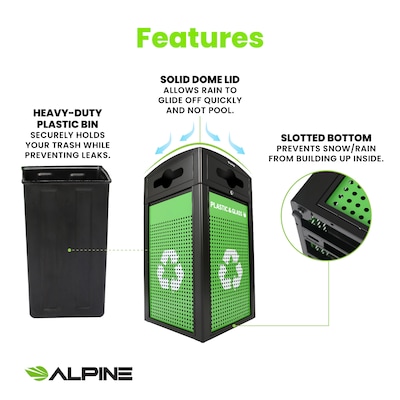 Alpine Industries GS Series Steel Trash Can & Recycling Bin Combo, 80 Gallon, Green (ALP471-40-SILGC-MK)