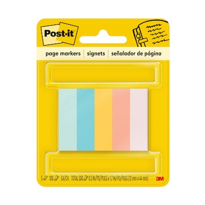 Post-it Page Markers, Assorted Bright Colors, .5 in. x 1.7 in., 100 Sheets/Pad, 5 Pads/Pack (670-5AF