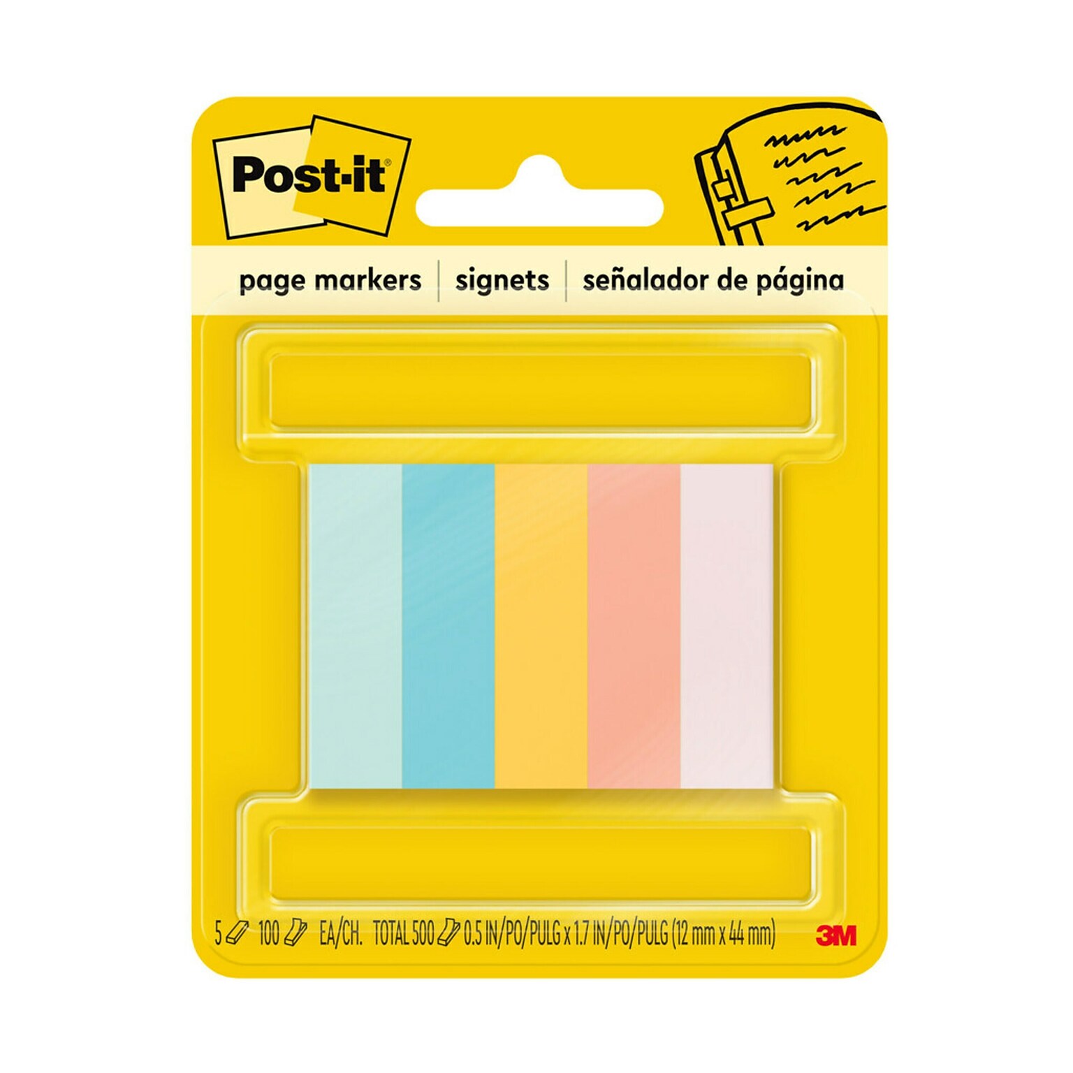 Post-it Page Markers, Assorted Bright Colors, .5 in. x 1.7 in., 100 Sheets/Pad, 5 Pads/Pack (670-5AF2)