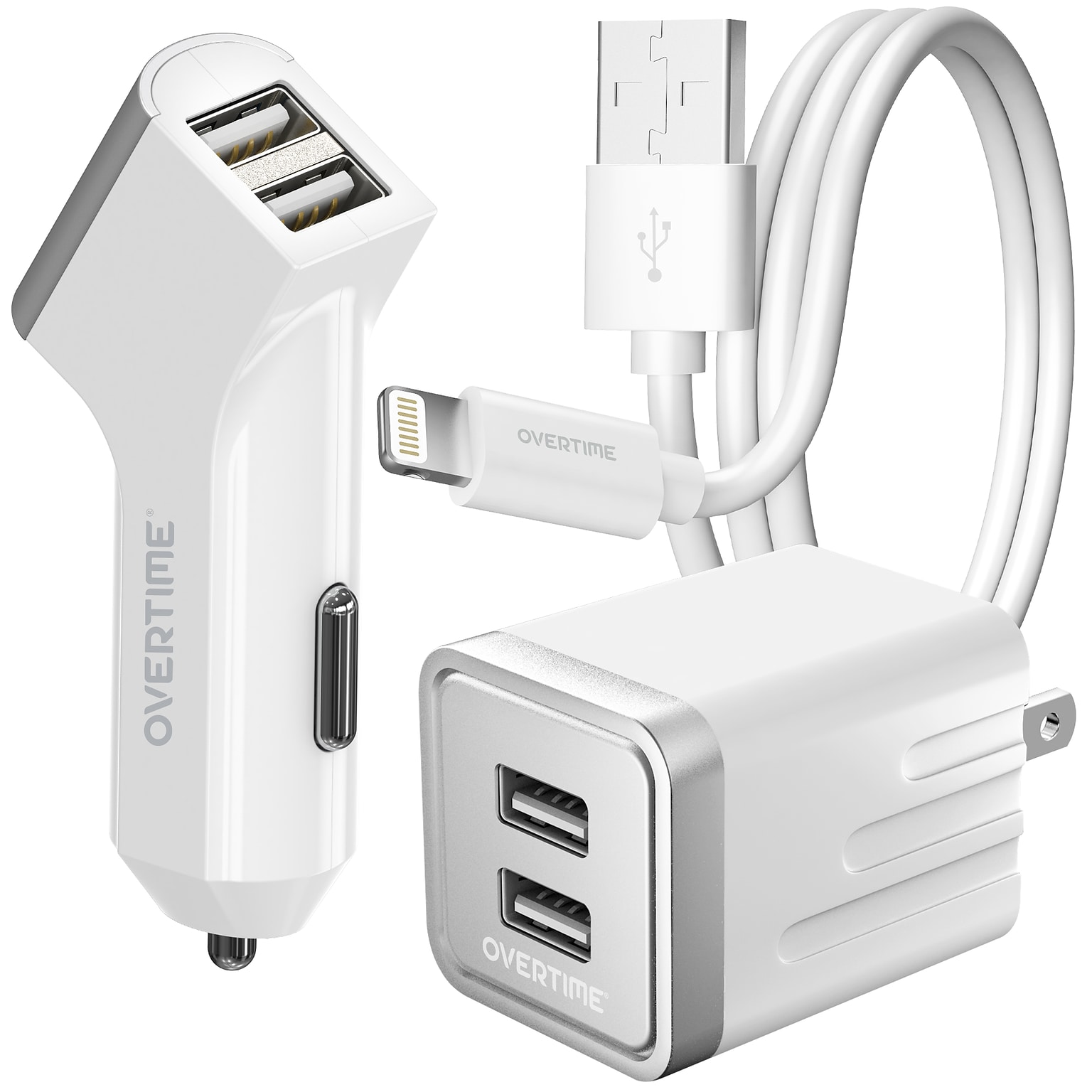 Overtime 3PC Lightning Charging Kit for Apple, White (DAC3IN1)