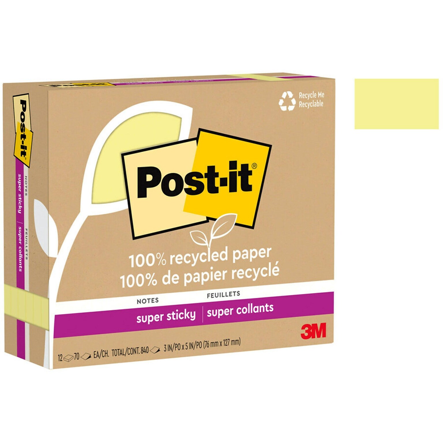 Post-it Recycled Super Sticky Notes, 3 x 5, Canary Collection, 70 Sheet/Pad, 12 Pads/Pack (655R-12SSCY)