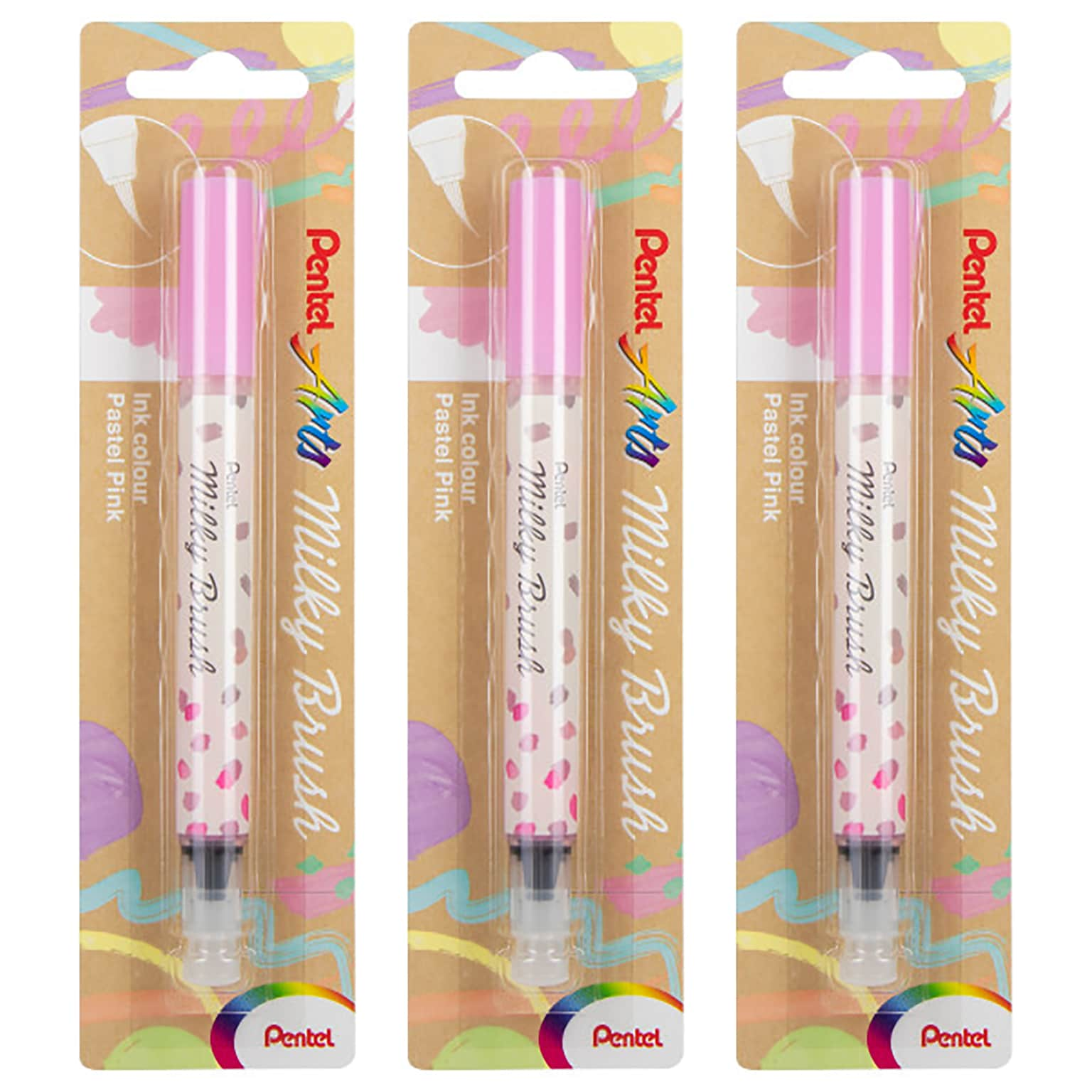 Pentel Milky Brush, Pink Ink, 3/Bundle (PTAXGFHBPPPX-3)