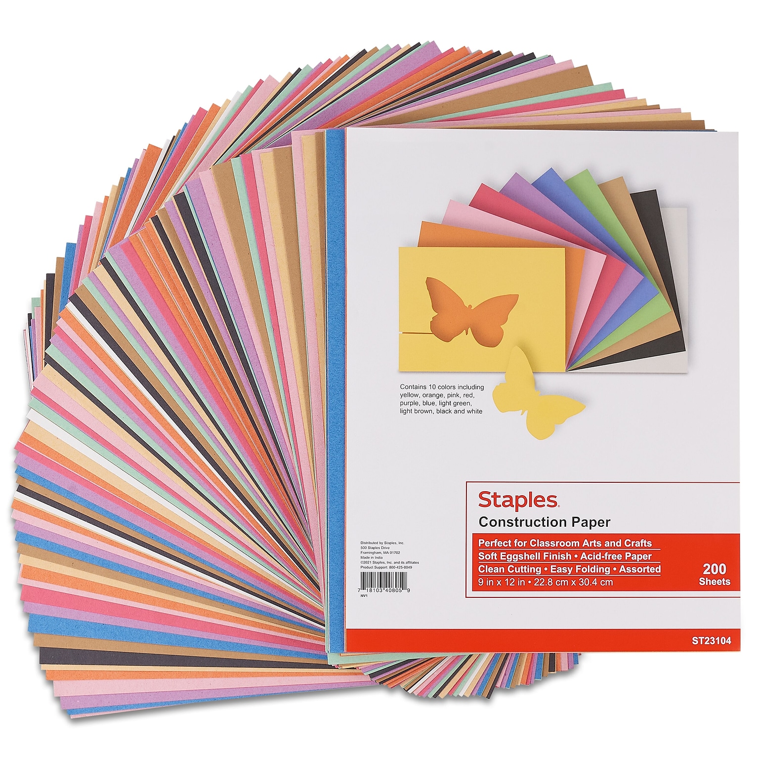 Staples Construction Paper, 9W x 12L, Assorted, 200/Pack (23104)