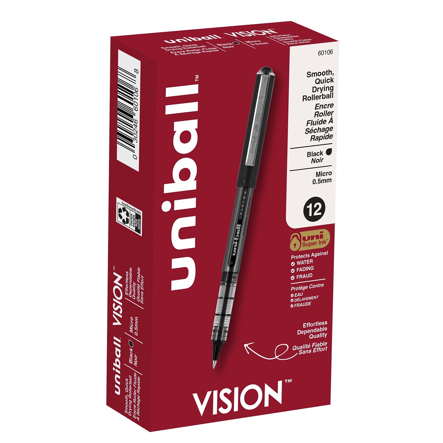 uni-ball Vision Rollerball Pens, Micro Point, 0.5mm, Black Ink (60106)