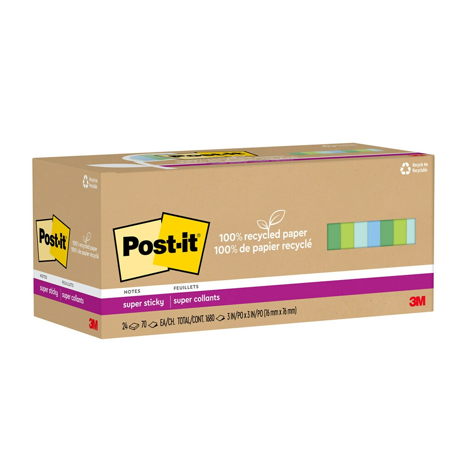Post-it® 100% Recycled Paper Super Sticky Notes, 3 in x 3 in, Oasis  Collection, 24 Pads/Pack, 70 She | Quill.com