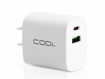 CODi 20W Dual Port Wall Charger, USB-C & USB-A Outputs, White  (A01102)