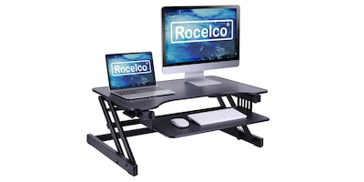 Rocelco 32W 5-17H Height Adjustable Standing Desk Converter, Sit Stand Up Dual Monitor Riser, Bla