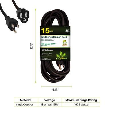 GoGreen Power 15 Indoor/Outdoor Extension Cord, 16 AWG, Black (GG-13715BK)