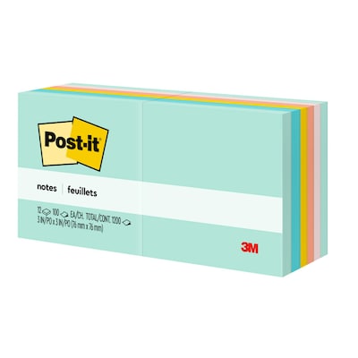 Post-it Notes, 3 x 3, Beachside Café Collection, 100 Sheet/Pad, 12 Pads/Pack (654AST)