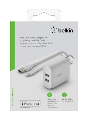 Belkin BOOST CHARGE Dual USB-A Wall Charger, 24W + Lightning to USB-A  Cable, White | Quill.com