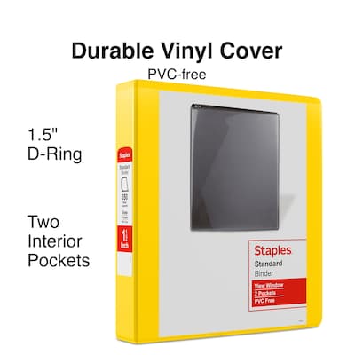Staples® Standard 1.5 3 Ring View Binder with D-Rings, Yellow (58652)