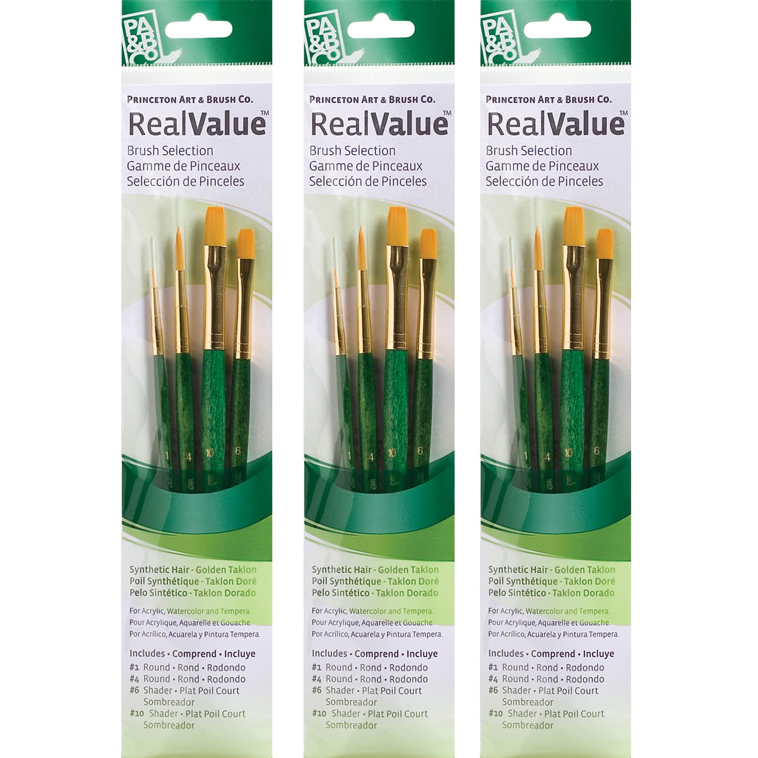 Princeton RealValue Mixed Media Synthetic Taklon Variety Brush Set, Green, 4/Set, 3 Sets/Bundle (PBXPR9116-3)