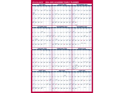2024-2025 AT-A-GLANCE 48 x 32 Academic Yearly Wet-Erase Wall Calendar, Reversible, White/Red (PM36