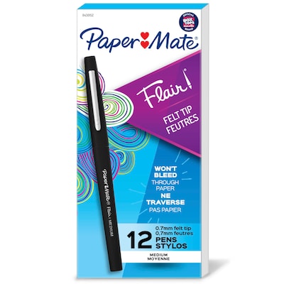 Paper Mate Flair Felt Pen, Medium Point, 0.7mm, Black Ink, Dozen (8430152)