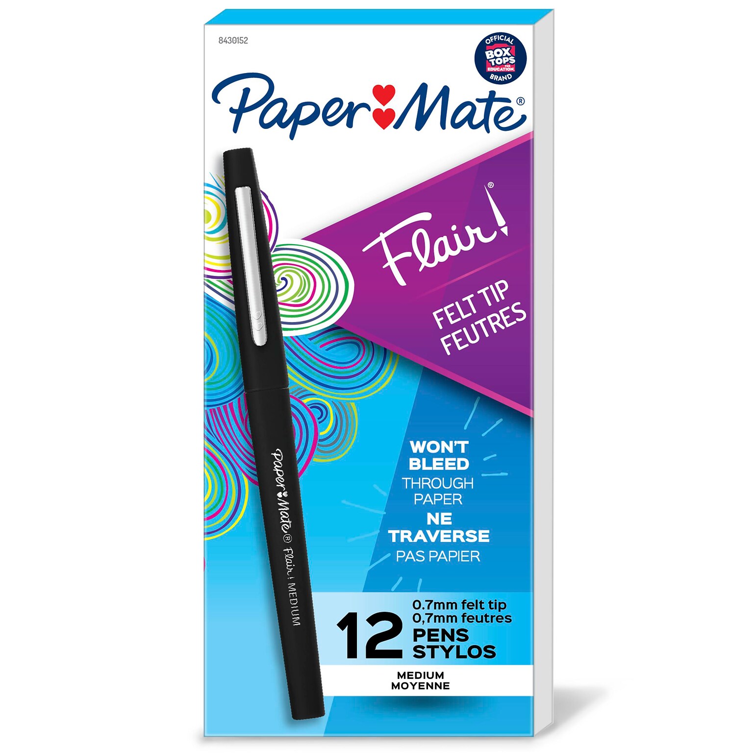 Paper Mate Flair Felt Pen, Medium Point, 0.7mm, Black Ink, Dozen (8430152)