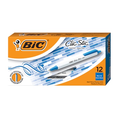 BIC Clic Stic Retractable Ballpoint Pens, Medium Point, Blue Ink, Dozen (90431/CSM11BL)