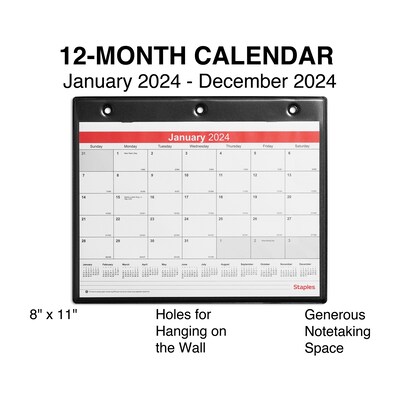 2024 Staples 11 x 8 Wall Calendar, White/Black (ST12949-24)