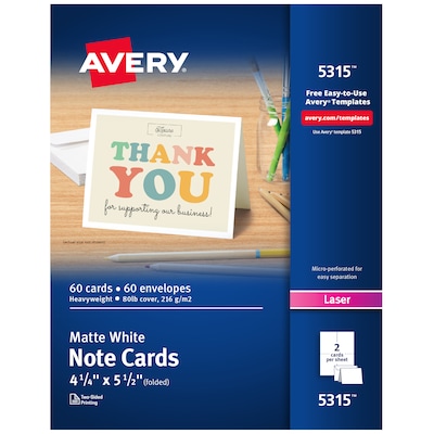 Avery Note Cards Matte General Use Notecards, White, 60/Box (05315)