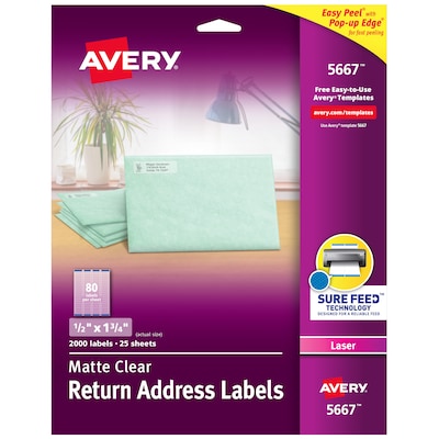 Avery Easy Peel Laser Return Address Labels, 1/2 x 1-3/4, Clear, 80 Labels/Sheet, 25 Sheets/Pack (