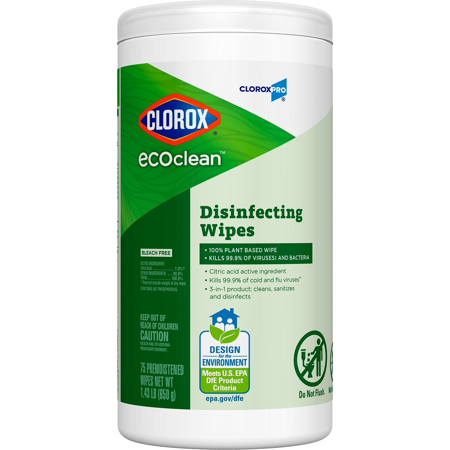 Clorox EcoClean Disinfecting Wipes, 75 Wipes/Container (60605)