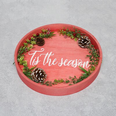 Elegant Designs "Tis the Season" Decorative 13.75" Round Wood Serving Tray w/ Handles, Red Wash (HG2013-RTS)