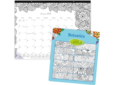2024 Blueline DoodlePlan Botanica 22 x 17 Monthly Coloring Desk Pad Calendar, White/Black (C291731