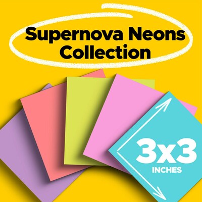 Post-it Super Sticky Notes, 3 x 3 in., 24 Pads, 70 Sheets/Pad, 2X the Sticking Power, Supernova Neon