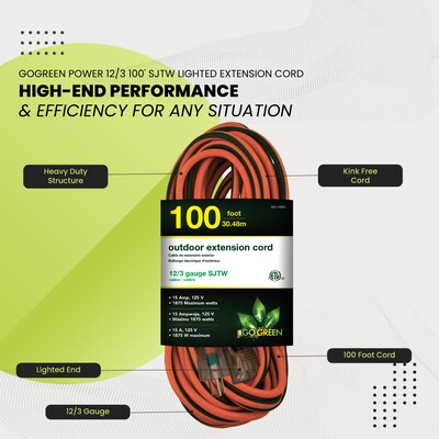 GoGreen Power 100' Indoor/Outdoor Extension Cord, 12 AWG, Orange (GG-14000)