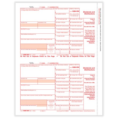 ComplyRight 2024 1099-DIV Tax Form, 1-Part, 2-Up, Federal Copy A, 50/Pack (513050)