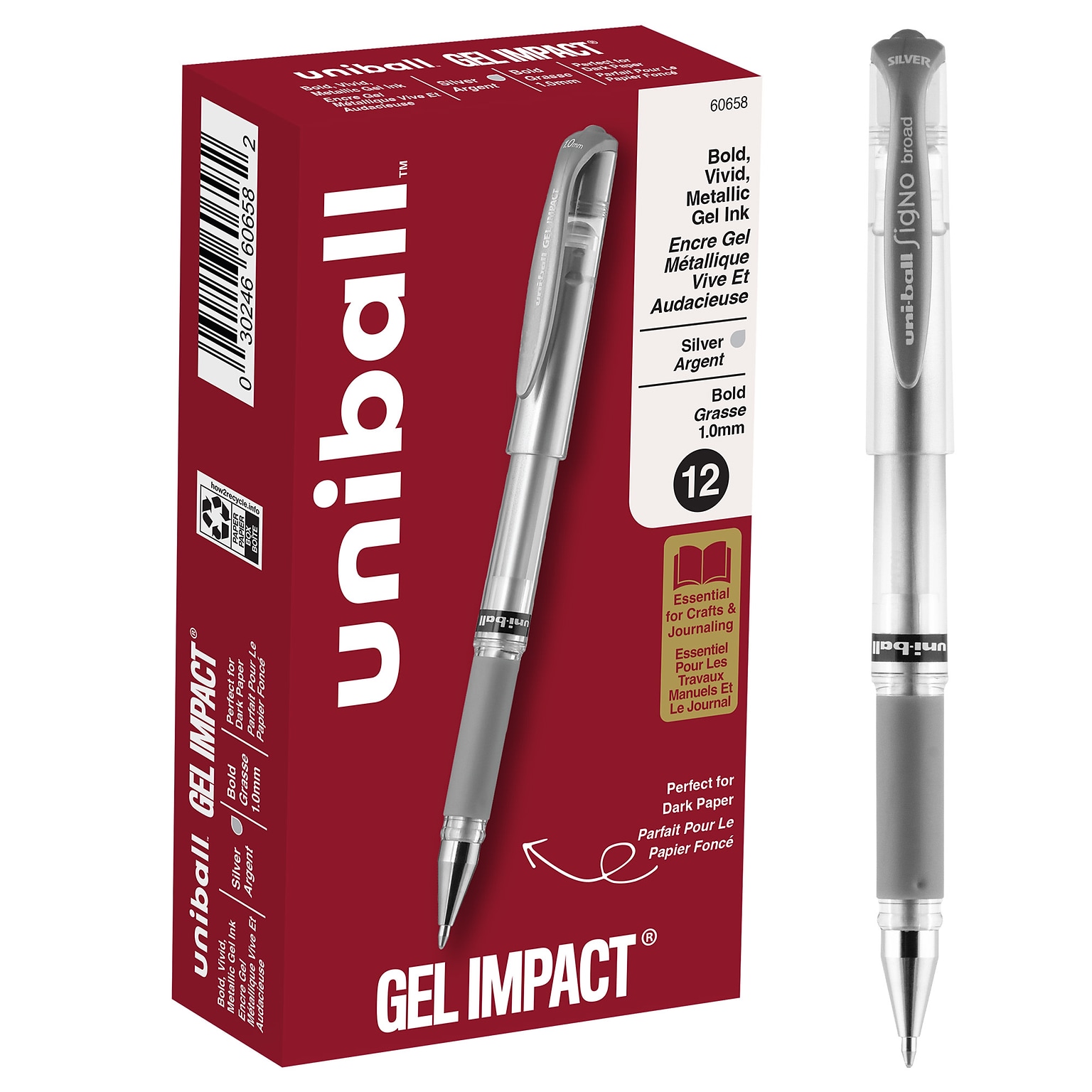 uni-ball Signo Gel Impact Pens, Bold Point, 1.0mm, Silver Ink (60658)