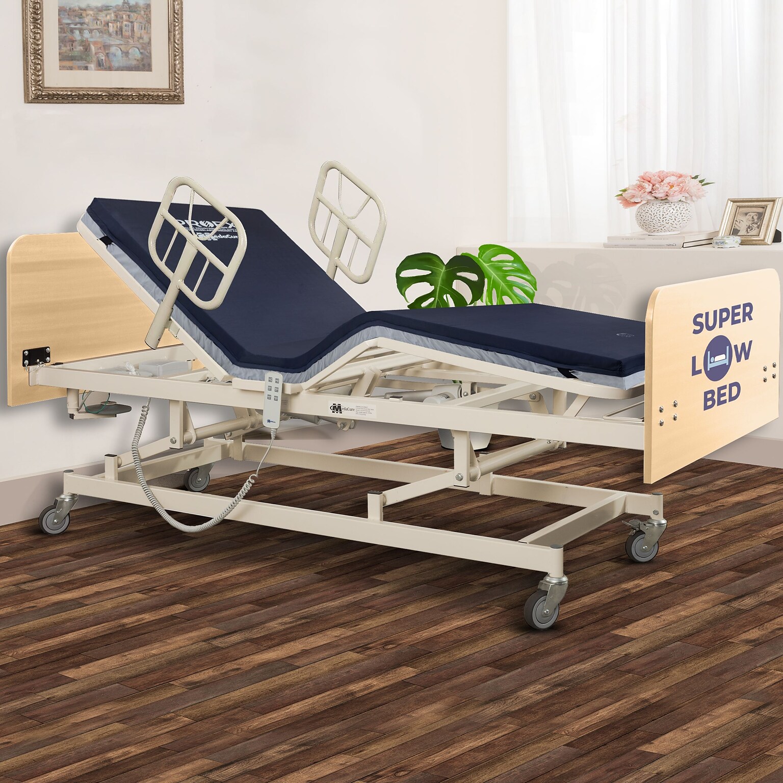 Medacure Super Low Fully Electrical Adjustable Bariatric Hospital Bed, 8 Function Hi/Lo Hand Pendant, Maple (MC-SLB42MP)