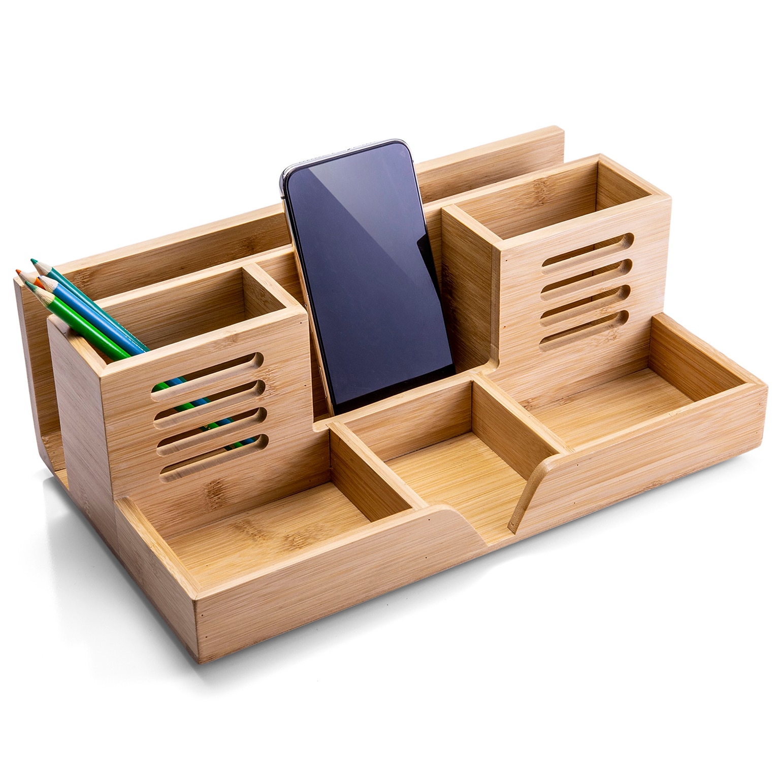 Officemate® Bamboo 7 Compartments Stackable Desk Organizer.   Natural wood grain color.  Keeps supplies organized.