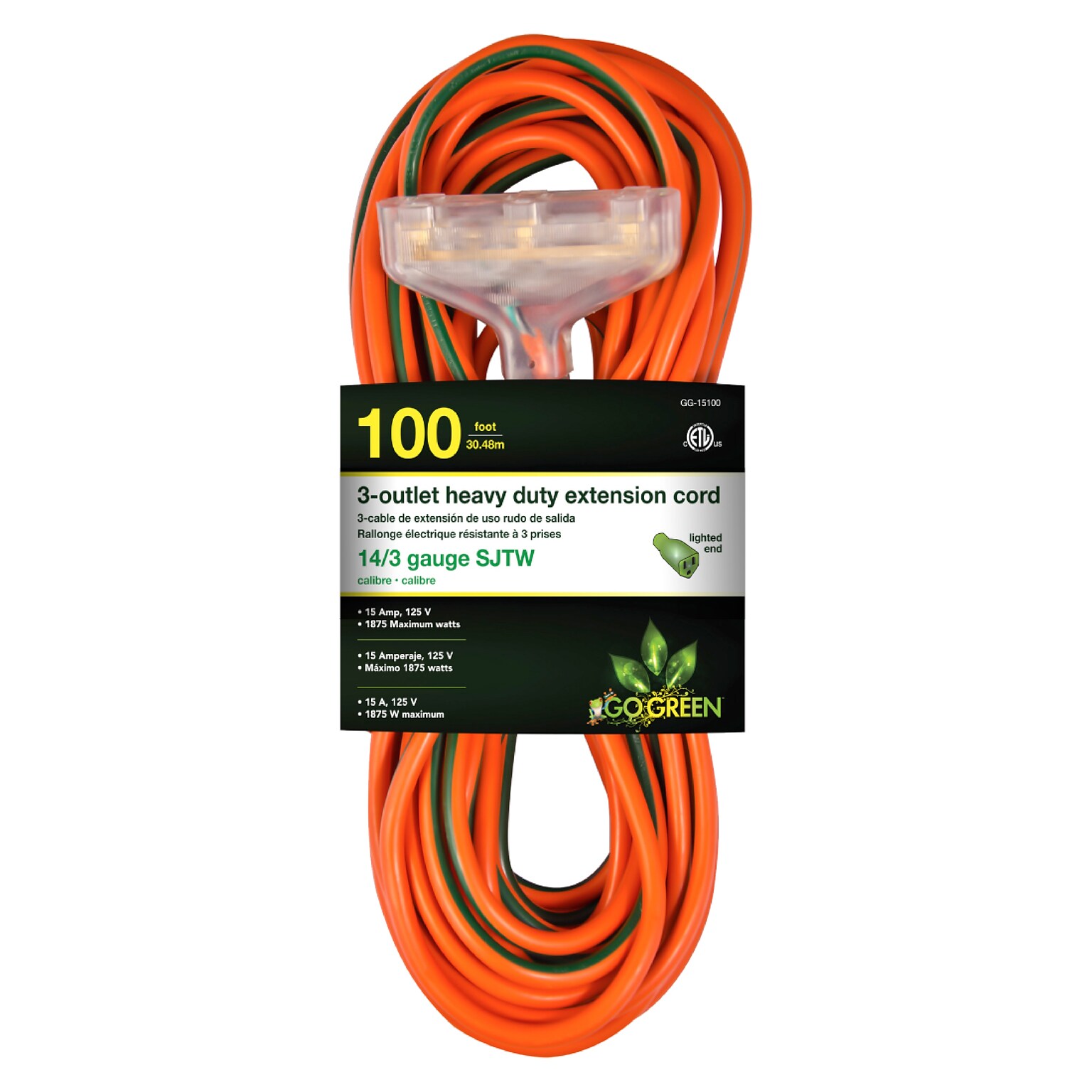 GoGreen Power 100 Indoor/Outdoor Extension Cord, 3-Outlet, 14 AWG, Orange (GG-15100)