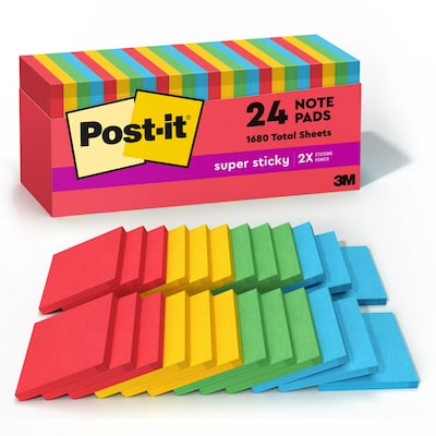 Post-it Super Sticky Notes, 3 x 3, Playful Primaries Collection, 70 Sheet/Pad, 24 Pads/Pack (65424